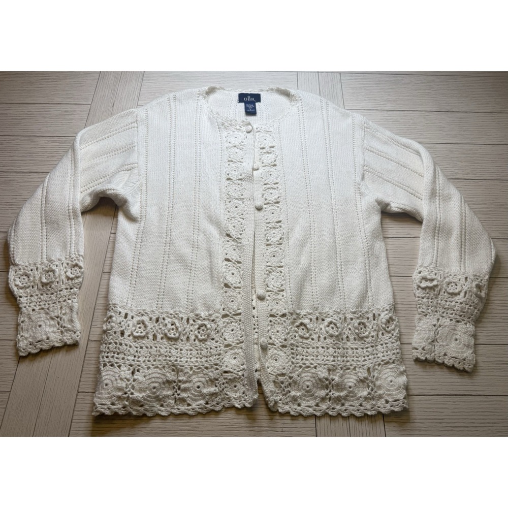 OBR Vintage Knit Ivory Women's Cardigan W/ Crochet‎ Trim. Cotton. Long Sleeve. L